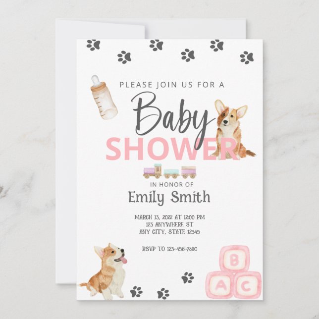 Invitación a Baby Shower del tema de Corgi (Anverso)