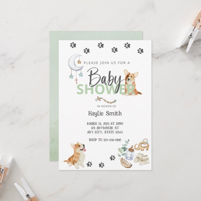 Invitación a Baby Shower del tema de Corgi (Anverso/Reverso In Situ)