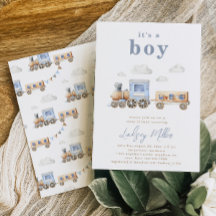 Invitación a Baby Shower del tren acuarela