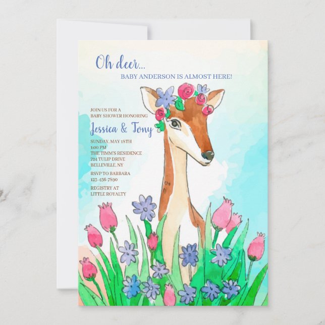 Invitación a Baby Shower del venado de primavera (Anverso)