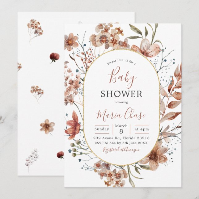 Invitación a Baby Shower del Widflor del Boho de o (Anverso / Reverso)