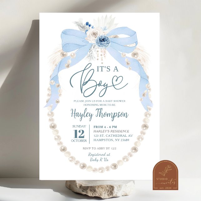 Invitación a Baby Shower Dusty Blue Bow y Pearl (Subido por el creador)