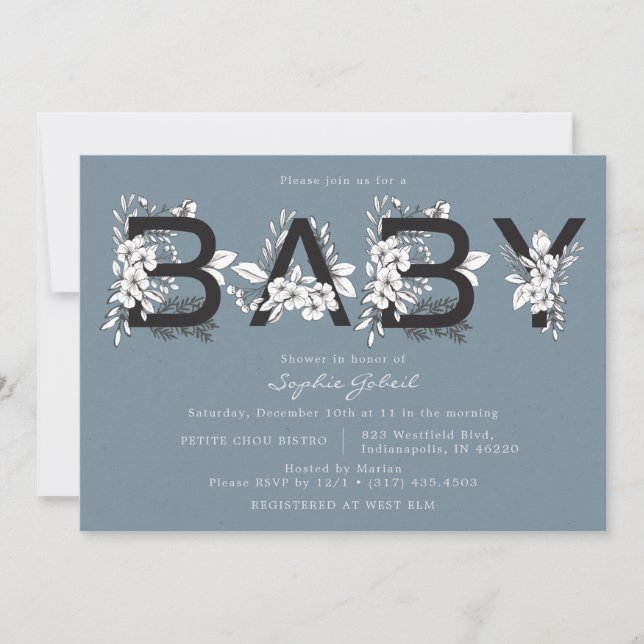 Invitación a Baby Shower Dusty Blue Floral (Anverso)