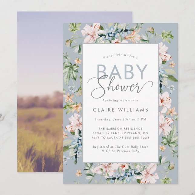 Invitación a Baby Shower Dusty Blue Floral (Anverso / Reverso)