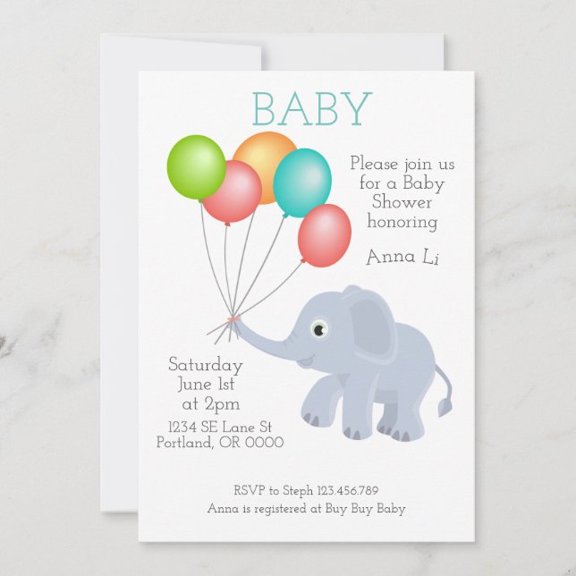 Invitación a Baby Shower Elephant (Anverso)
