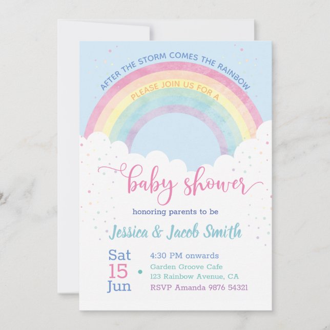 Invitación a Baby Shower en arco iris (Anverso)