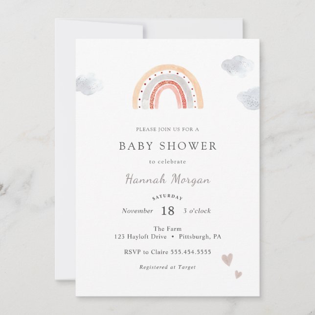 Invitación a Baby Shower en arco iris (Anverso)