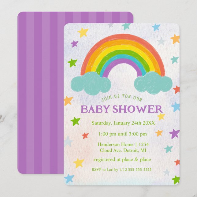 Invitación a Baby Shower en arco iris (Anverso / Reverso)