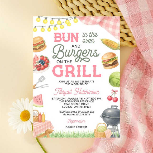Invitación a Baby Shower en barbacoa rosa - Bun in (Pink BBQ Baby Shower Invitation - Bun in the Oven)