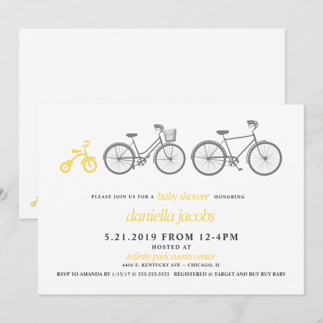 Invitación a Baby Shower en bicicleta amarilla (Anverso / Reverso)