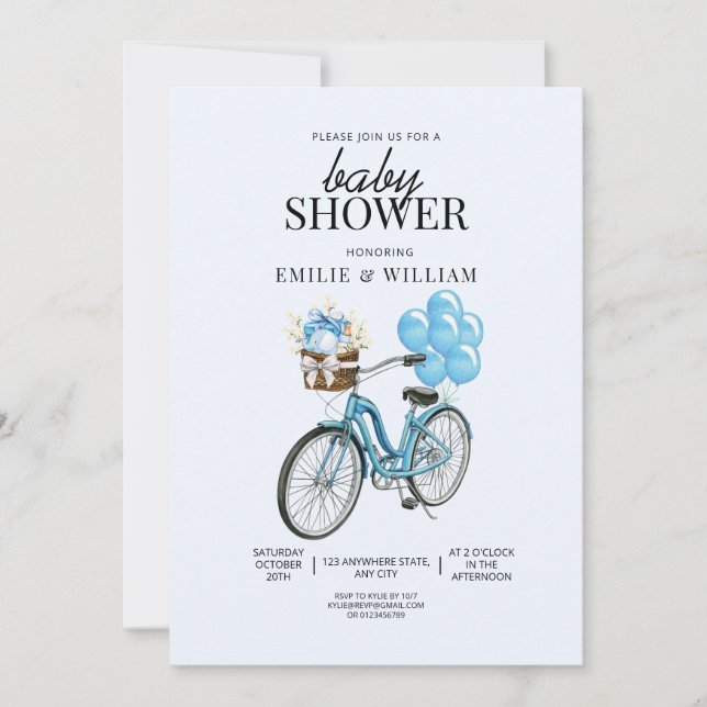 Invitación a Baby Shower en bicicleta azul bebé, e (Anverso)