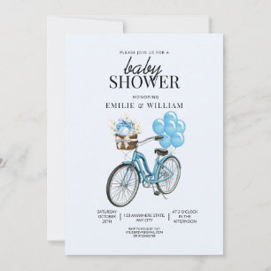 Invitación a Baby Shower en bicicleta azul bebé, e