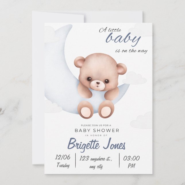 Invitación a Baby Shower en blanco y azul (Anverso)
