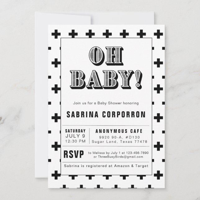 Invitación a Baby Shower en blanco y negro (Anverso)