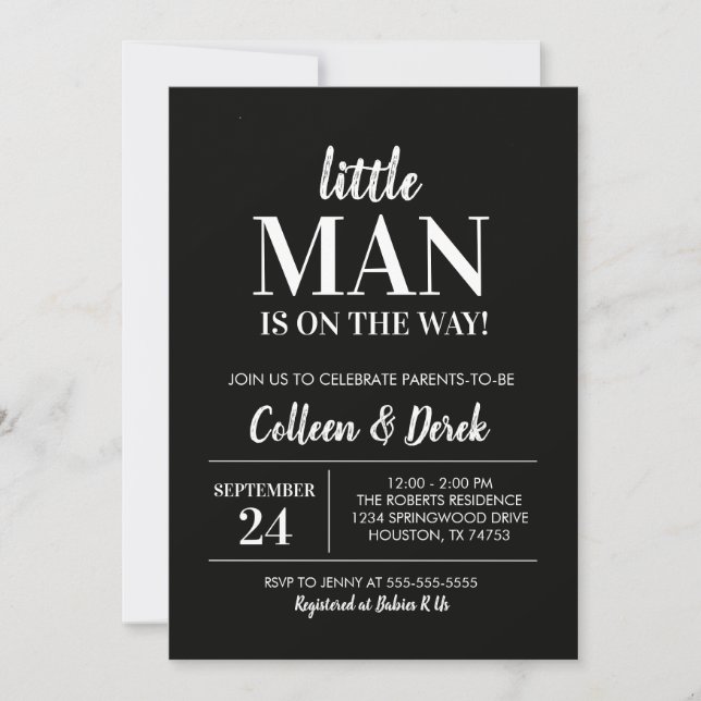 Invitación a Baby Shower en blanco y negro de Litt (Anverso)