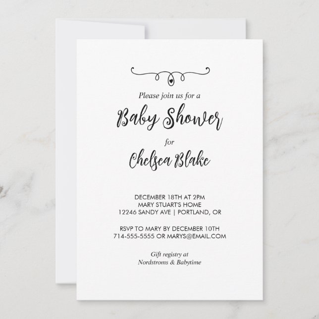Invitación a Baby Shower en blanco y negro dulce (Anverso)