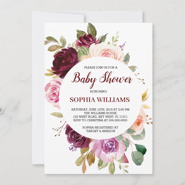 Invitación a Baby Shower en Borgoña (Anverso)