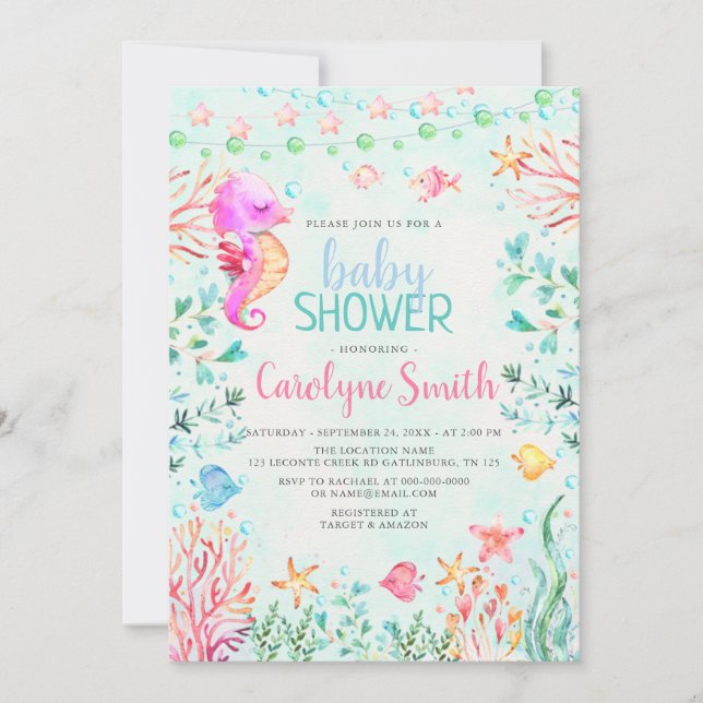 Invitación a Baby Shower en caballito de mar (Anverso)