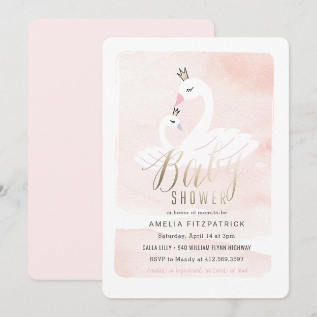 Invitación a Baby Shower en cisne dulce con Reliev (Anverso / Reverso)