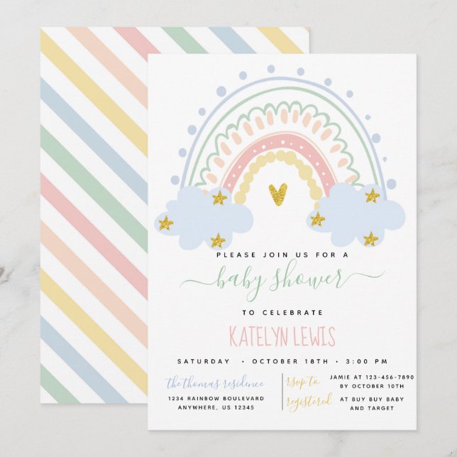 Invitación a Baby Shower en el arcoiris de Pastel (Anverso / Reverso)