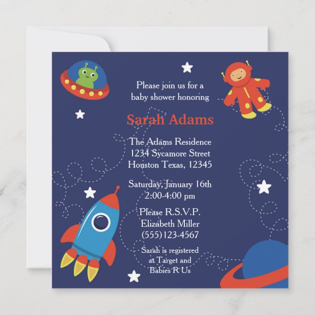 Invitación a Baby Shower en el espacio ultraterres (Reverso)