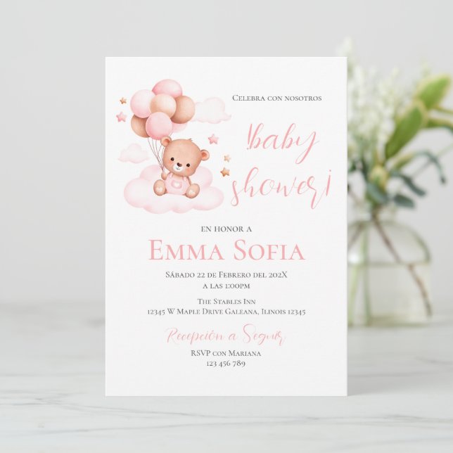 Invitación a Baby Shower en español rosado (Anverso de pie)