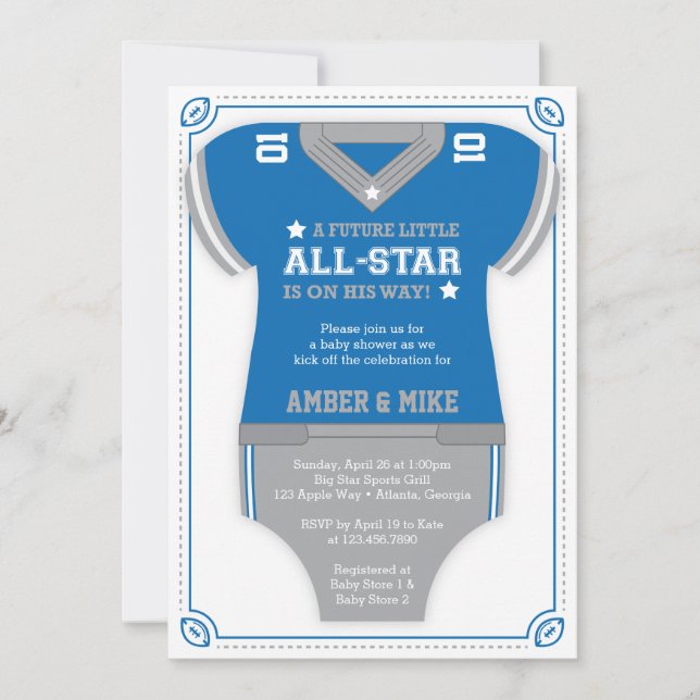 Invitación a Baby Shower en fútbol, azul, gris (Anverso)