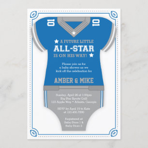 Invitación a Baby Shower en fútbol, azul, gris