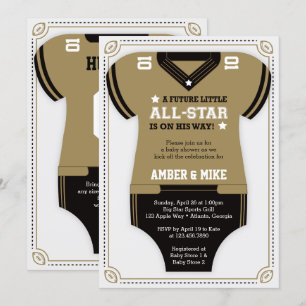 Invitación a Baby Shower en fútbol, oro, negro