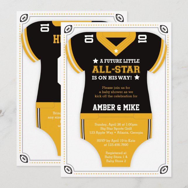 Invitación a Baby Shower en fútbol, oro, negro (Anverso / Reverso)
