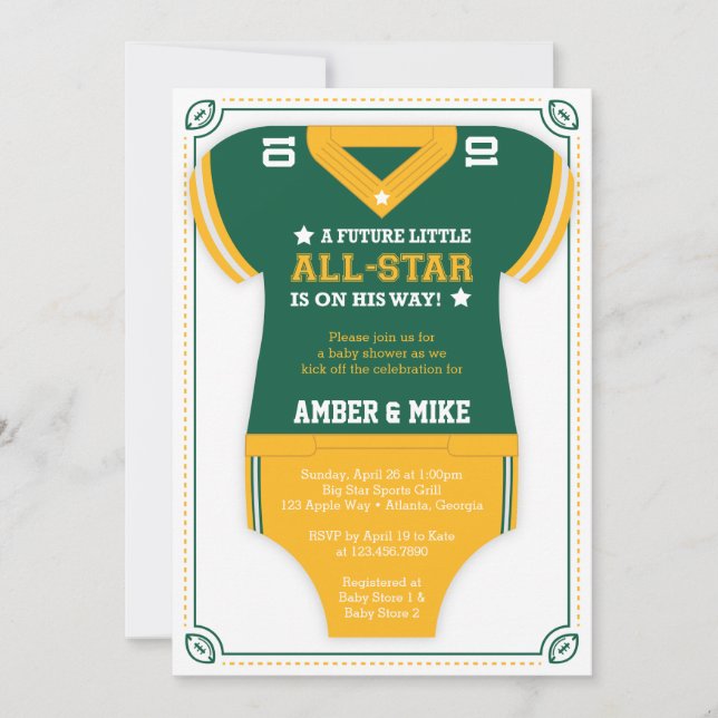 Invitación a Baby Shower en fútbol, verde, oro (Anverso)