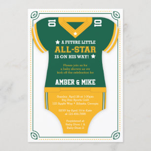 Invitación a Baby Shower en fútbol, verde, oro