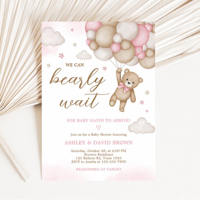 Invitación a Baby Shower en globo de oso rosa (Girl Bear Baby Shower Invitation)