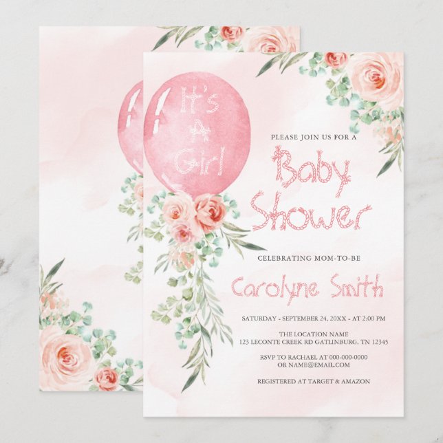 Invitación a Baby Shower en globo rosa (Anverso / Reverso)