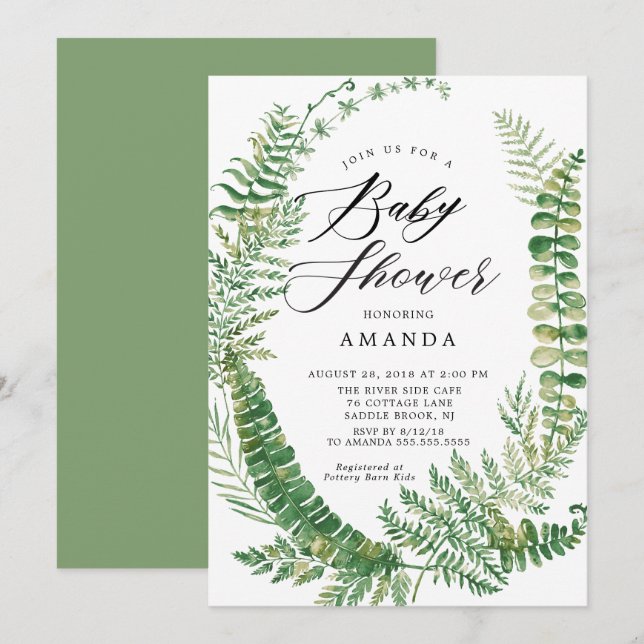 Invitación a Baby Shower en helecho botánico (Anverso / Reverso)