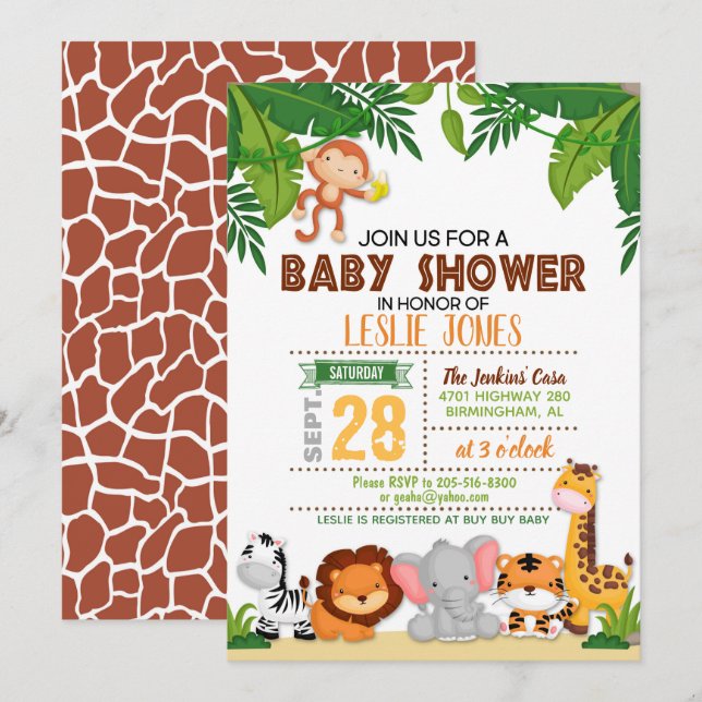 Invitación a Baby Shower en la selva (Anverso / Reverso)