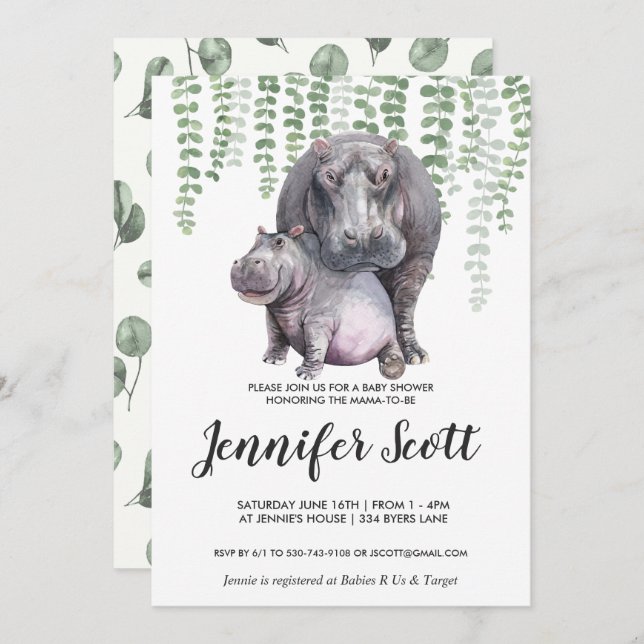 Invitación a Baby Shower en la selva de Hippo (Anverso / Reverso)
