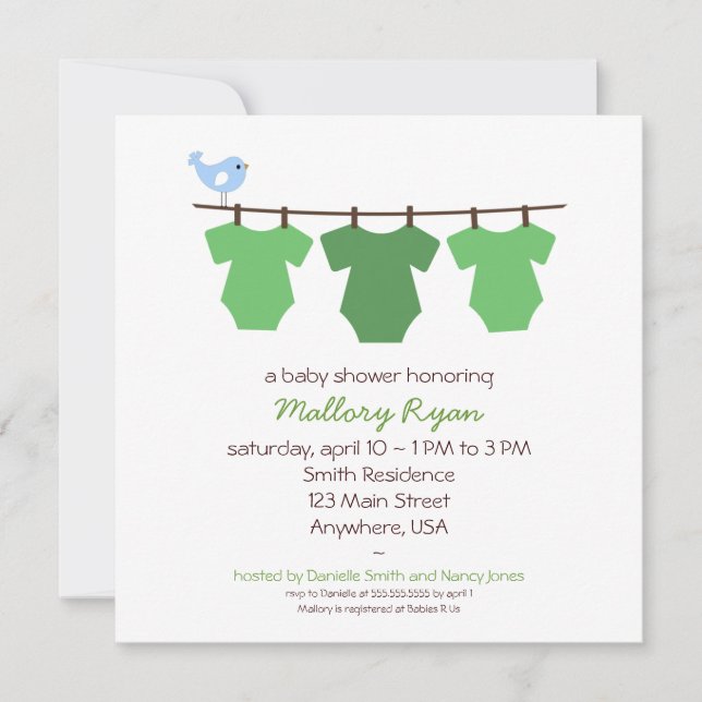 Invitación a Baby Shower en línea de ropa (Anverso)