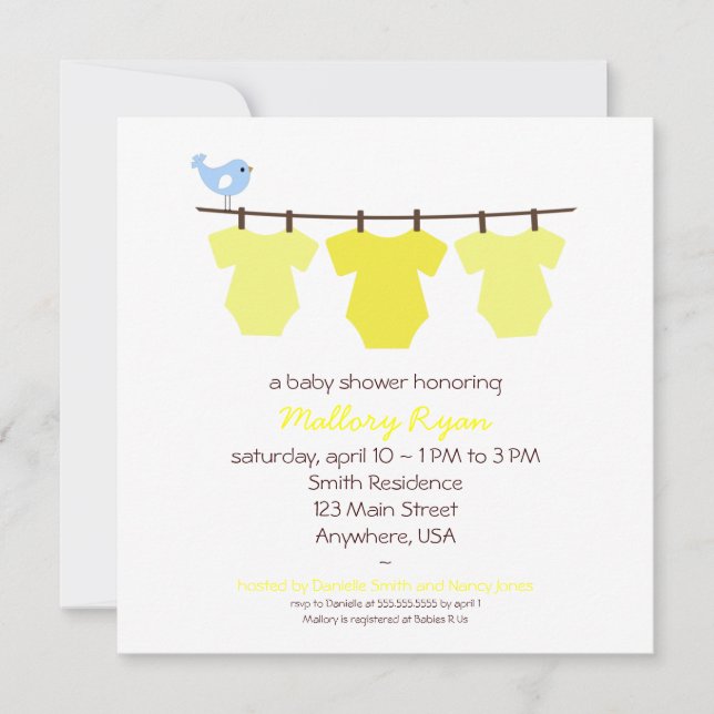 Invitación a Baby Shower en línea de ropa (Anverso)