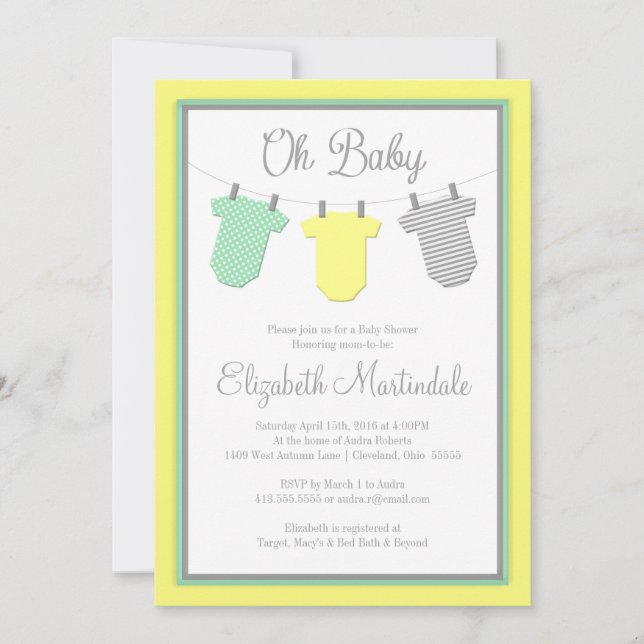 Invitación a Baby Shower en línea de ropa amarilla (Anverso)