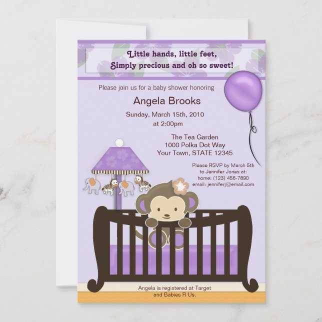 Invitación a Baby Shower en mono morado (Anverso)