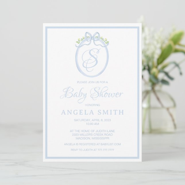 Invitación a Baby Shower en monograma (Anverso de pie)