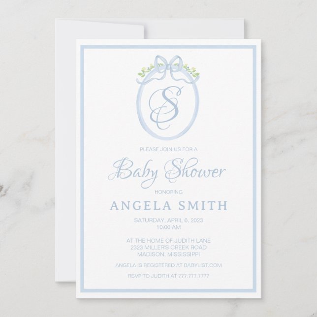 Invitación a Baby Shower en monograma (Anverso)