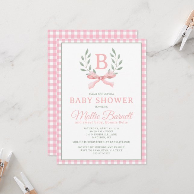 Invitación a Baby Shower en monograma de Gingham (Anverso/Reverso In Situ)