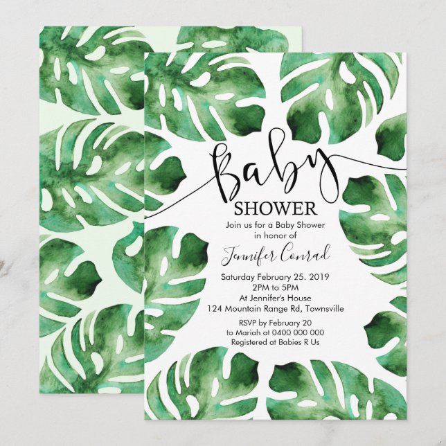 Invitación a Baby Shower en Monstera, hojas tropic (Anverso / Reverso)