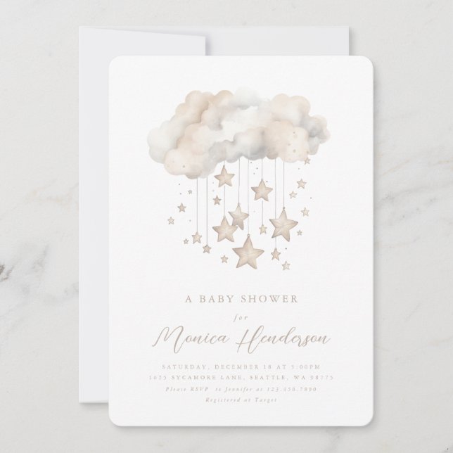 Invitación a Baby Shower en nube y estrellas (Anverso)