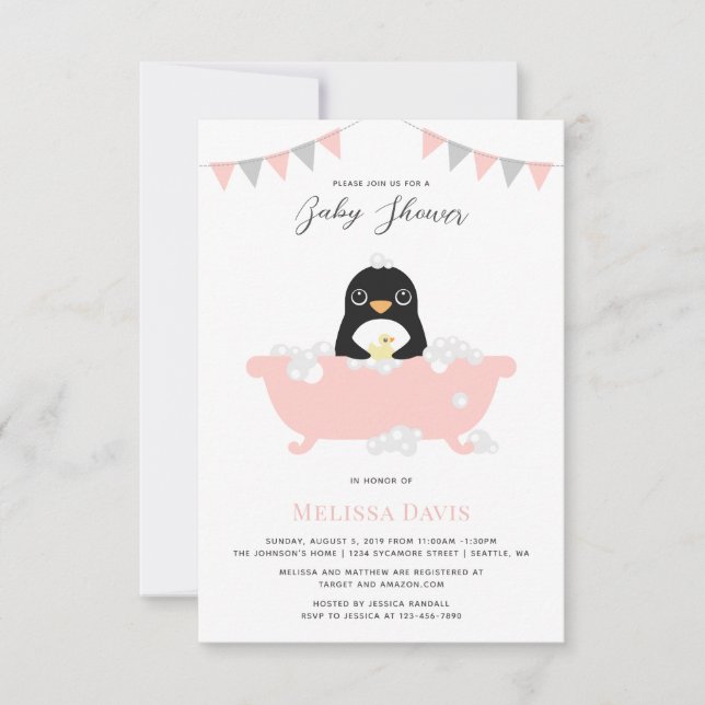 Invitación a Baby Shower en pingüino (Anverso)