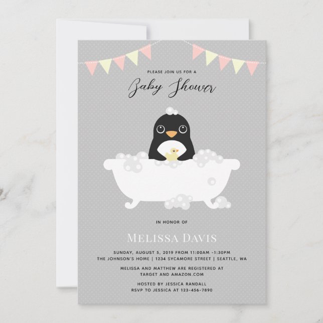 Invitación a Baby Shower en pingüino (Anverso)