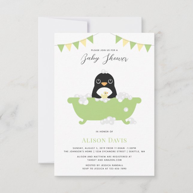 Invitación a Baby Shower en pingüino (Anverso)