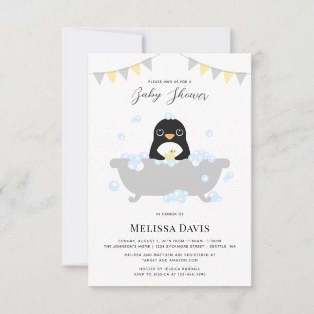 Invitación a Baby Shower en pingüino (Anverso)